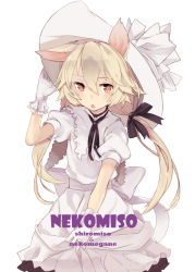 Rule 34 | 1girl, androgynous, animal ears, artist name, blonde hair, bow, choker, dress grab, gloves, hand on headwear, hat, large bow, long hair, low twintails, open mouth, orange eyes, original, shiromiso, simple background, solo, text focus, twintails, white background, white theme