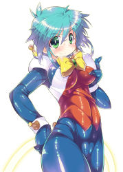 Rule 34 | 1girl, allenby beardsley, beam ribbon, blue bodysuit, blue hair, bodysuit, grabbing another&#039;s breast, breasts, cameltoe, covered erect nipples, covered navel, cowboy shot, g gundam, grabbing, grabbing own breast, green eyes, gundam, impossible bodysuit, impossible clothes, kanibasami, looking at viewer, medium breasts, mobile trace suit, multicolored bodysuit, multicolored clothes, red bodysuit, shiny clothes, short hair, skin tight, smile, solo
