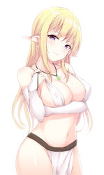 Rule 34 | :3, bare shoulders, bikini, bikini top only, blonde hair, blush, breast hold, breasts, bridal gauntlets, cleavage, closed eyes, covered erect nipples, cowboy shot, earrings, elf, glint, groin, hand up, head tilt, hicha nomu, highres, jewelry, large breasts, loincloth, long hair, looking at viewer, mole, mole on breast, navel, necklace, original, pendant, pink hair, pointy ears, purple eyes, seductive smile, sidelocks, smile, solo, standing, stomach, straight hair, swimsuit, white bikini
