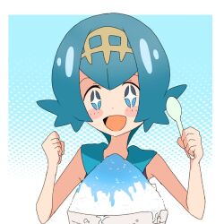 Rule 34 | + +, 1girl, :d, bare arms, blue eyes, blue hair, blue sailor collar, blush stickers, border, commentary request, creatures (company), excited, food, freckles, game freak, hairband, hands up, holding, holding spoon, lana (pokemon), mizu majuu (waterman10), nintendo, no sclera, open mouth, pokemon, pokemon sm, sailor collar, shaved ice, short hair, smile, solo, spoon, upper body, w arms, white border, yellow hairband