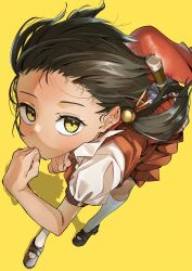 Rule 34 | 1girl, absurdres, backpack, bag, black hair, commentary, dress, expressionless, finger to mouth, floating hair, flute, forehead, foreshortening, from above, hair bobbles, hair ornament, hair strand, highres, holding strap, inoue shuugorou, instrument, kaai yuki, kneehighs, kyoufuu all back (vocaloid), light blush, looking at viewer, looking up, low twintails, mary janes, pinafore dress, pleated dress, puffy short sleeves, puffy sleeves, randoseru, recorder, red bag, red dress, shadow, shirt, shoes, short sleeves, simple background, sleeveless, sleeveless dress, socks, solo, standing, twintails, vocaloid, white shirt, white socks, yellow background, yellow eyes