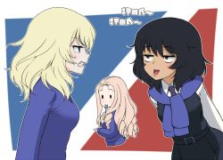 Rule 34 | 3girls, andou (girls und panzer), arms behind back, bc freedom school uniform, black skirt, black vest, blonde hair, blue eyes, blue neckwear, blue sweater, commentary request, cropped torso, dark-skinned female, dark skin, diagonal stripes, dress shirt, drill hair, frown, girls und panzer, glaring, grimace, half-closed eyes, holding, holding spoon, leaning forward, long hair, long sleeves, looking at another, marie (girls und panzer), medium hair, messy hair, mouth hold, multiple girls, necktie, oshida (girls und panzer), pleated skirt, school uniform, shirt, skirt, smirk, solid circle eyes, spoon, standing, striped, sweatdrop, sweater, translated, utensil in mouth, v-shaped eyebrows, vest, wata do chinkuru, white shirt, wing collar