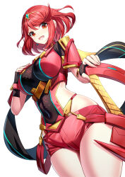 Rule 34 | 1girl, :d, aegis sword (xenoblade), black gloves, blush, breasts, chest jewel, commentary request, fingerless gloves, gloves, highres, large breasts, looking at viewer, open mouth, pyra (xenoblade), red eyes, red hair, red shorts, ririko (zhuoyandesailaer), short hair, short shorts, short sleeves, shorts, smile, solo, swept bangs, sword, thighhighs, thighs, tiara, weapon, xenoblade chronicles (series), xenoblade chronicles 2