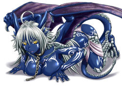 Rule 34 | 10s, 1girl, ahoge, all fours, blue skin, blue skirt, breasts, chain, cleavage, collar, colored skin, dragon girl, dragon horns, dragon tail, dragon wings, fangs, full body, full-body tattoo, gate - jieitai ka no chi nite kaku tatakaeri, giselle (gate), horns, looking at viewer, monster girl, parted lips, pointy ears, sao satoru, scales, shadow, short hair, simple background, skirt, slit pupils, smile, solo, tail, tattoo, topless, white background, white hair, wings, yellow eyes