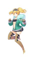 Rule 34 | 1girl, black skirt, black thighhighs, blonde hair, boots, breasts, brown footwear, brown gloves, clenched hands, formation girls, full body, gloves, goggles, goggles on head, green jacket, haruno shuu, highres, jacket, looking at viewer, midriff, miniskirt, navel, nixey barder, official art, open clothes, open jacket, red eyes, skirt, small breasts, smile, solo, thigh boots, thighhighs, transparent background, twintails
