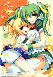 Rule 34 | 2girls, :p, absurdres, blonde hair, bloomers, blue eyes, bow, breasts, grabbing, grabbing another&#039;s breast, green hair, highres, large breasts, lemon-chan, maid, melon-chan, melonbooks, multiple girls, one eye closed, panties, print bloomers, ribbon-trimmed clothes, ribbon trim, side-tie panties, thighhighs, tomose shunsaku, tongue, tongue out, twintails, underwear, white legwear, white panties, wink, yellow bow