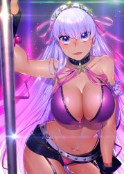 Rule 34 | 1girl, absurdres, bb (fate), bb (fate) (all), bb (swimsuit mooncancer) (fate), bb (swimsuit mooncancer) (second ascension) (fate), belt, bikini, blush, breasts, cleavage, collar, dark-skinned female, dark skin, earrings, fate/grand order, fate (series), fingerless gloves, gloves, highres, jewelry, large breasts, long hair, looking at viewer, maitei roppa, micro shorts, navel, open fly, open mouth, parted lips, pole, purple eyes, purple hair, short shorts, shorts, smile, solo, star (symbol), star earrings, stripper pole, swimsuit, tan, very long hair, wet