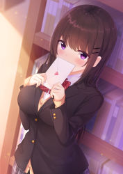 Rule 34 | 1girl, black hair, black jacket, black skirt, blazer, blush, book, bookshelf, bow, bowtie, breasts, brown cardigan, buttons, cardigan, collared shirt, commentary request, covering own mouth, day, envelope, hair ornament, hairclip, hands up, heart, hicha nomu, highres, holding, holding envelope, indoors, jacket, large breasts, letter, library, light particles, long hair, long sleeves, looking at viewer, love letter, moe2019, original, plaid, plaid skirt, pleated skirt, purple eyes, red bow, red bowtie, school uniform, shirt, sidelocks, skirt, solo, standing, striped bow, striped bowtie, striped clothes, striped neckwear, sunlight, upper body, white shirt, wing collar