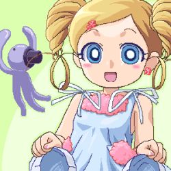 Rule 34 | 00s, 1girl, bare shoulders, blue eyes, blush, bubble, camisole, creature, drill hair, earrings, goutokuji miyako, green background, jewelry, looking at viewer, lowres, nail polish, octi, oekaki, powerpuff girls, powerpuff girls z, ribbon, rolling bubbles, sidelocks, simple background, solo, sweat, twin drills, twintails, white ribbon