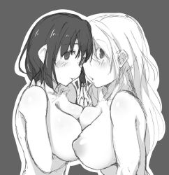 Rule 34 | 10s, 2girls, atago (kancolle), blonde hair, blush, breast press, breasts, greyscale, kantai collection, kuronyan, large breasts, long hair, looking at viewer, monochrome, multiple girls, nipples, nude, open mouth, shiny skin, short hair, symmetrical docking, takao (kancolle), yuri