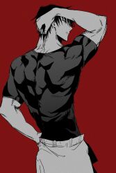Rule 34 | 1boy, absurdres, back, black hair, black shirt, facing back, fushiguro touji, greyscale with colored background, hand on own head, highres, jujutsu kaisen, looking to the side, male focus, mi muuuu, muscular, muscular male, red background, shirt, short hair, short sleeves, simple background, solo