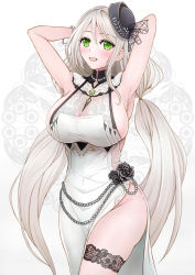 Rule 34 | 1girl, aquila (azur lane), aquila (green garden elegant sadia) (azur lane), arms behind head, azur lane, black flower, black headwear, black rose, breasts, cocktail dress, dress, evening gown, flower, gem, green eyes, green gemstone, grey hair, highres, large breasts, long hair, looking at viewer, official alternate costume, open mouth, rose, sai-go, side slit, sideboob, simple background, solo, thigh strap, tilted headwear, twintails, very long hair, white background, white dress