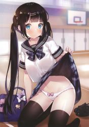 Rule 34 | 1girl, absurdres, ayamy, bag, black bow, black footwear, black hair, black neckwear, black thighhighs, blue eyes, blunt bangs, blush, bow, bow panties, breasts, clothes lift, frilled panties, frills, grey bow, hair ornament, hairclip, highres, indoors, kneeling, lifting own clothes, loafers, long hair, looking at viewer, medium breasts, midriff, miniskirt, navel, original, panties, pink bow, pleated skirt, school bag, school uniform, shirt, shoes, unworn shoes, short sleeves, skirt, skirt lift, solo, stomach, thighhighs, twintails, underwear, uniform, very long hair, white bow, white panties, white shirt