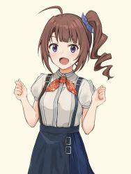 Rule 34 | 1girl, :d, breasts, brown hair, clenched hands, highres, idolmaster, idolmaster million live!, idolmaster million live! theater days, open mouth, ponytail, purple eyes, shinokichi draw, simple background, skirt, small breasts, smile, summit reburn (idolmaster), yellow background, yokoyama nao