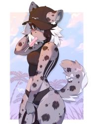 Rule 34 | 1girl, animal ear fluff, animal ears, animal nose, arm up, artist name, bag, bare shoulders, baseball cap, bikini, black bikini, black fur, black hair, black hat, blue sky, blush, body fur, border, bow, bracelet, breasts, brown eyes, clothes writing, cloud, commission, cowboy shot, day, ears through headwear, eating, female focus, food, furry, furry female, grey fur, groin, hair over one eye, hat, holding, holding bag, hot, jewelry, leopard ears, leopard girl, leopard tail, light blush, looking at viewer, medium breasts, mouth hold, multicolored fur, multicolored hair, one eye covered, open mouth, original, outdoors, outside border, palm tree, popsicle, short hair, sidelocks, signature, sky, solo, spotted fur, standing, sweat, swimsuit, tail, tail bow, tail ornament, tail raised, thick thighs, thighs, tree, two-tone hair, typh, white border, white bow, white hair