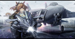 Rule 34 | 1girl, absurdres, aircraft, airplane, animal ears, bomber jacket, bow, brown ribbon, commentary request, dog tags, ear bow, ear ribbon, eyebrows hidden by hair, f-14 tomcat, fighter jet, fire, green jacket, highres, horse, horse girl, horse tail, jacket, jet, kawasaki, long hair, looking ahead, mayano top gun (umamusume), military, military vehicle, motor vehicle, motorcycle, orange eyes, orange hair, ribbon, road, shirt, shiyo tsubame, sparks, speed lines, tail, tire, top gun, two side up, umamusume, vehicle focus, vehicle request, yellow shirt