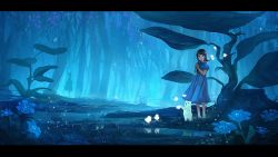 Rule 34 | 1boy, 1girl, anna drw01, barefoot, bear, bird, blue dress, blue theme, braid, chick, dress, flower, forest, grass, highres, letterboxed, nature, original, own hands together, plant, reflection, scenery, short sleeves, standing, water