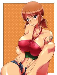 Rule 34 | 1girl, bad id, bad pixiv id, bare shoulders, breasts, breasts squeezed together, brown eyes, brown hair, cleavage, denim, denim shorts, halterneck, huge breasts, hun (uyonis), nami (one piece), navel, one piece, one piece: strong world, short twintails, shorts, solo, tattoo, twintails, unzipped