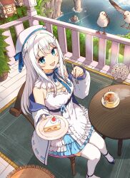Rule 34 | 1girl, beret, bird, blue eyes, blush, breasts, building, cake, commentary request, food, grey hair, hair ornament, hat, highres, indie virtual youtuber, jacket, looking at viewer, medium breasts, nagino mashiro, ocean, plate, seagull, sitting, solo, table, tea, thighhighs, virtual youtuber, x hair ornament, yurai0739