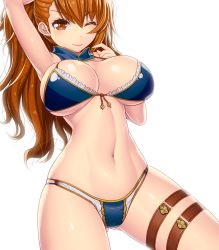 Rule 34 | 10s, 1girl, arm up, armpits, asamura hiori, beatrix (granblue fantasy), bikini, blue bikini, blush, breasts, brown eyes, brown hair, cleavage, front-tie top, granblue fantasy, highres, large breasts, long hair, looking at viewer, navel, one eye closed, ponytail, simple background, smile, solo, swimsuit, thigh strap, white background