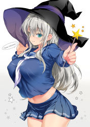 Rule 34 | 1girl, black hat, blue shirt, blush, breasts, closed mouth, emily (pure dream), english text, from side, gradient background, green eyes, grey background, hat, highres, large breasts, long hair, long sleeves, looking at viewer, miniskirt, navel, original, pleated skirt, school uniform, serafuku, shirt, silver hair, skirt, smile, solo, speech bubble, star (symbol), thighs, wand, white background, witch hat