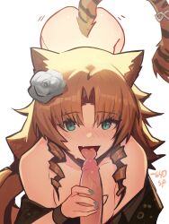Rule 34 | 1boy, 1girl, absurdres, animal ears, arknights, ass, blush, brown hair, collarbone, commentary, commission, distr, drill hair, fang, fellatio, fingernails, flower, green eyes, green nails, hair flower, hair intakes, hair ornament, handjob, hetero, highres, licking, licking penis, long hair, looking at viewer, nail polish, open mouth, oral, penis, pov, simple background, skin fang, striped tail, sweat, swire (arknights), tail, tiger ears, tiger girl, tiger tail, tongue, white background