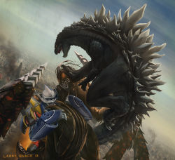 Rule 34 | 2013, battle, building, cityscape, claws, commentary, dated, drill, drill hand, epic, fangs, flying, godzilla, godzilla (series), holding, jaws, jet jaguar, kaijuu, larry quach, mecha, megalon, monster, realistic, riding, robot, science fiction, signature, smack, smoke, spikes, tail, thrusters