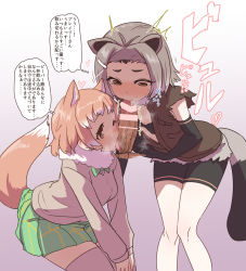 Rule 34 | 10s, 1boy, 2girls, ^^^, american beaver (kemono friends), animal ears, bar censor, beaver ears, black-tailed prairie dog (kemono friends), blush, breasts, brown eyes, brown hair, censored, cum, cum in mouth, disembodied penis, elbow gloves, fellatio, fur collar, gloves, grey hair, hetero, highres, kemono friends, multicolored hair, cooperative fellatio, multiple girls, one eye closed, open mouth, oral, penis, red hair, short hair, shorts, skirt, sleeveless, small breasts, solo focus, sumiyao (amam), tail, tears, thighhighs, translation request, trembling, veins, veiny penis, white legwear