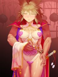 Rule 34 | 1boy, 1girl, alternate costume, belt, blonde hair, breasts, breasts out, cape, china dress, chinese clothes, cleavage cutout, clothed female nude male, clothes lift, clothing cutout, cowboy shot, dress, gluteal fold, heart, heart-shaped pupils, hetero, highres, incense, maebari, muscular, muscular male, navel cutout, nipples, nude, pasties, pelvic curtain, pelvic curtain lift, purple cape, shinburu, sleeveless, sleeveless dress, solo focus, sword, symbol-shaped pupils, tan, tanline, thigh grab, touhou, toyosatomimi no miko, veins, weapon, yellow eyes