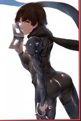Rule 34 | 10s, 1girl, armor, ass, brown eyes, brown hair, character name, hews, holding, holding mask, lips, mask, niijima makoto, pauldrons, persona, persona 5, scarf, short hair, shoulder armor, simple background, skin tight, solo