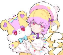 Rule 34 | 1girl, bear hat, blonde hair, blue bow, bow, capelet, closed mouth, dual persona, fugota6509, hair bow, hanitan, hanitan (bear), highres, hugging object, long hair, long sleeves, looking at viewer, multicolored hair, open mouth, pink eyes, pretty series, purple bow, purple hair, red eyes, shirt, simple background, smile, stuffed animal, stuffed toy, teddy bear, twintails, upper body, waccha primagi!, white background, white capelet, white shirt