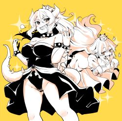 Rule 34 | 2girls, bowsette, breasts, cleavage, crown, earrings, gloves, gluteal fold, highres, horns, jewelry, kirikirimai (kkm), large breasts, leotard, lizard tail, long hair, luigi&#039;s mansion, mario (series), monochrome, multiple girls, new super mario bros. u deluxe, nintendo, personification, pointy ears, princess king boo, sharp teeth, shell, spiked shell, spiked tail, super crown, tail, teeth, tongue, tongue out