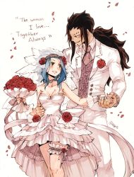 Rule 34 | 1boy, 1girl, black hair, blue hair, blush, bouquet, breasts, bridal garter, bridal veil, choker, cleavage, collarbone, couple, dress, english text, eye contact, fairy tail, flower, formal, gajeel redfox, hair flower, hair ornament, holding, holding bouquet, holding hands, jacket, levy mcgarden, long hair, looking at another, medium breasts, nail polish, pants, petals, pink nails, ponytail, red flower, red rose, rose, rusky, simple background, sleeveless, sleeveless dress, smile, standing, strapless, strapless dress, thigh strap, veil, very long hair, wedding dress, white background, white dress, white jacket, white pants