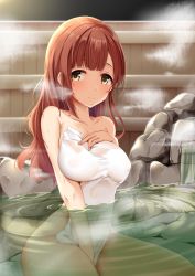Rule 34 | 1girl, bathing, blunt bangs, blush, breasts, brown eyes, brown hair, cleavage, covered erect nipples, covering privates, hair down, highres, idolmaster, igarashi kyoko, looking at viewer, medium breasts, medium hair, naked towel, nude, nude cover, onsen, partially submerged, rock, smile, solo, steam, thighs, towel, yigra don