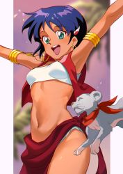 Rule 34 | 1girl, :d, armlet, armpits, arms up, bandeau, blurry, blurry background, bob cut, commentary, cropped vest, cub, dark-skinned female, dark skin, dusk, earrings, fushigi no umi no nadia, green eyes, hair ornament, hairclip, highres, hoop earrings, jewelry, jumping, king (nadia), lion, loincloth, marimoppoi, midriff, nadia la arwall, navel, neckerchief, necklace, open mouth, outside border, palm tree, pelvic curtain, pendant, purple background, purple hair, red neckerchief, red vest, round teeth, short hair, smile, solo, strapless, teeth, tree, tube top, upper teeth only, vest, white bandeau