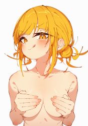 Rule 34 | 1girl, :p, absurdres, blonde hair, blush, boku no hero academia, breasts, completely nude, covering privates, covering breasts, highres, looking at viewer, nude, rasusurasu, short hair, sidelocks, small breasts, solo, toga himiko, tongue, tongue out, upper body, white background, yellow eyes