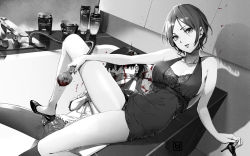 Rule 34 | 10s, 1girl, bare arms, bare shoulders, bathtub, blood, blood on face, blood stain, breasts, cleavage, collarbone, dress, gag, greyscale, hayami kanade, idolmaster, idolmaster cinderella girls, improvised gag, looking at viewer, medium breasts, monochrome, parted bangs, parted lips, producer (idolmaster), producer (idolmaster cinderella girls anime), restrained, shoes, unworn shoes, short dress, short hair, shower head, smile, solo, usui ryuu