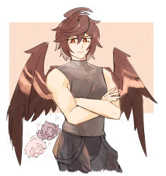 Rule 34 | absurdres, ahoge, annoyed, belial (granblue fantasy), brown hair, brown wings, chibi, chibi inset, commentary, cowboy shot, crossed arms, english commentary, fauxpapillon, feathered wings, frown, furrowed brow, granblue fantasy, hair between eyes, heart, highres, leather, leather pants, looking at viewer, lucifer (shingeki no bahamut), male focus, messy hair, multiple boys, pants, patterned background, red eyes, sandalphon (granblue fantasy), sleeveless, sleeveless turtleneck, tight clothes, tight pants, turtleneck, wings