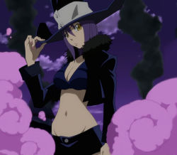 Rule 34 | 00s, 1girl, blair (soul eater), breasts, cleavage, hat, midriff, screencap, solo, soul eater, stitched, third-party edit, witch hat, yellow eyes