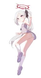 Rule 34 | 1girl, absurdres, ass, bare shoulders, blue archive, camisole, grey hair, grey panties, grin, hair ornament, halo, highres, long hair, looking at viewer, mutsuki (blue archive), panties, pink footwear, pointy ears, purple eyes, ribbonsnek, shoe soles, shoes, side ponytail, simple background, smile, socks, solo, transparent background, underwear, v, very long hair, white background, white socks