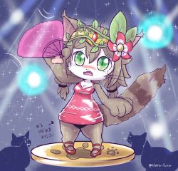 Rule 34 | 1girl, artemis (cat busters), artist request, brown hair, cat, cat busters, flower, furry, furry female, green eyes, hair flower, hair ornament, head wreath, long hair, open mouth, solo, stage