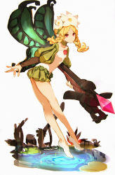 Rule 34 | 10s, 1girl, bare legs, blonde hair, bow (weapon), braid, butterfly wings, crossbow, fairy, flower, flying, granblue fantasy, hair flower, hair ornament, highres, holding, holding weapon, insect wings, long hair, mercedes (odin sphere), odin sphere, pink eyes, pointy ears, puff and slash sleeves, puffy shorts, puffy sleeves, shoes, shorts, simple background, so-bin, solo, twin braids, unitard, water, weapon, white background, white footwear, wings