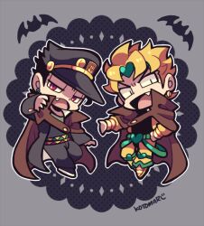 Rule 34 | 2boys, black coat, black hat, black pants, blonde hair, brown cape, cape, chibi, chibi only, coat, dio brando, earrings, fang, full body, hand on own hip, hat, heart, jacket, jewelry, jojo no kimyou na bouken, kotorai, kuujou joutarou, multiple boys, no nose, open mouth, outline, outstretched arm, pants, red eyes, short hair, signature, white outline, yellow jacket, yellow pants