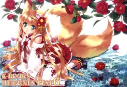 Rule 34 | 1girl, :d, absurdres, animal ears, blonde hair, camellia, carnelian, copyright request, detached sleeves, flower, fox ears, fox tail, green eyes, hair flower, hair ornament, highres, huge filesize, japanese clothes, kimono, kimono skirt, leaf, long hair, looking at viewer, miko, multiple tails, open mouth, plant, red flower, red rose, rose, sitting, smile, tail, thighhighs, two tails, very long hair, wariza, water, white thighhighs