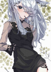 Rule 34 | 1girl, animal ears, arknights, black dress, brown shirt, character request, check character, commentary request, dress, ear piercing, eyes visible through hair, frostnova (arknights), grey eyes, grey hair, hair ornament, hair over one eye, hairclip, highres, long sleeves, looking at viewer, mouth hold, piercing, rabbit ears, shirt, sleeveless, sleeveless dress, solo, soranagi (una123), white background