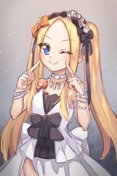 Rule 34 | 1girl, ;), abigail williams (fate), black bow, black ribbon, blonde hair, blue eyes, blush, bow, bracelet, breasts, closed mouth, commentary, cosplay, dress, english commentary, euryale (fate), euryale (fate) (cosplay), euryale (third ascension) (fate), fate/grand order, fate/hollow ataraxia, fate (series), forehead, frilled hairband, frills, hair bow, hair ribbon, hairband, hands up, highres, jewelry, long hair, looking at viewer, miya (miyaruta), multiple bows, necklace, one eye closed, orange bow, parted bangs, pointing, pointing at self, ribbon, ring, sidelocks, small breasts, smile, solo, sparkle, twintails, very long hair, white dress