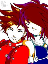 Rule 34 | 00s, age difference, brown hair, buttons, closed eyes, father and son, happy, kratos aurion, lloyd irving, oekaki, short hair, simple background, smile, tales of (series), tales of symphonia