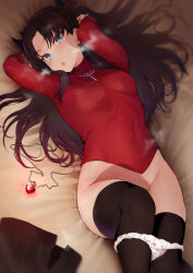 Rule 34 | 1girl, arms behind head, arms up, black bow, black hair, black thighhighs, blue eyes, blush, bow, breasts, colored skin, fate/stay night, fate (series), hair bow, ikuchan kaoru, jewelry, knees up, long hair, long sleeves, looking at viewer, lying, medium breasts, multicolored skin, necklace, on back, open mouth, panties, panty pull, pendant, red sweater, skirt, sweater, thighhighs, thighs, tohsaka rin, two side up, underwear, unworn skirt, white panties