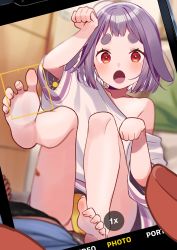 Rule 34 | 1girl, 1other, bandaid, bandaid on leg, bare legs, barefoot, blurry, blush, cameltoe, cellphone, depth of field, ears down, feet, foot focus, highres, hikimayu, looking at viewer, motto notto, open mouth, original, panties, paw pose, phone, purple hair, rabbit ears, rabbit girl, red eyes, single bare shoulder, smartphone, soles, thick eyebrows, toes, underwear, yellow panties
