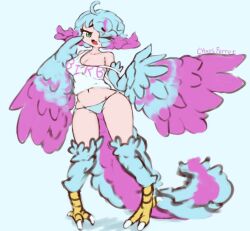 Rule 34 | artist name, bare shoulders, bird legs, bird tail, blue background, blue feathers, blue hair, blue panties, blue wings, breasts, chaosferret, clothes writing, commentary request, feathers, green eyes, hair over one eye, harpy, highres, large breasts, long hair, mixed-language commentary, monster girl, open mouth, original, panties, pink feathers, pink hair, pink wings, simple background, tail, talons, tank top, two-tone tail, two-tone wings, underwear, white tank top, wings